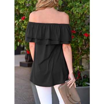 KEEDONE Women's Casual Off Shoulder Ruffle Tops Short Sleeve T Shirts Loose Summer Blouses Shirt Bla...