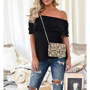 KEEDONE Women's Casual Off Shoulder Ruffle Tops Short Sleeve T Shirts Loose Summer Blouses Shirt Black