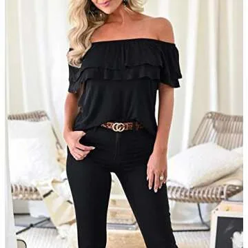 KEEDONE Women's Casual Off Shoulder Ruffle Tops Short Sleeve T Shirts Loose Summer Blouses Shirt Black