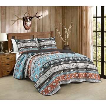 Chezmoi Collection Boone 3-Piece Southwestern Cowboys Rodeo Quilt Set King - Multicolor Blue Brown B...