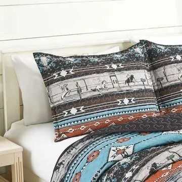 Chezmoi Collection Boone 3-Piece Southwestern Cowboys Rodeo Quilt Set King - Multicolor Blue Brown Beige Clay Printed Microfiber Lightweight Bedspread Set for All Season