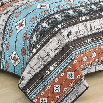 Chezmoi Collection Boone 3-Piece Southwestern Cowboys Rodeo Quilt Set King - Multicolor Blue Brown Beige Clay Printed Microfiber Lightweight Bedspread Set for All Season