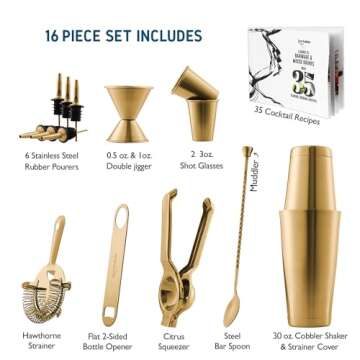 Bar Set Cocktail Shaker Set, Stainless Steel Mixology Bartender Kit, 16 Piece Cocktail Kit, Gold Coc...