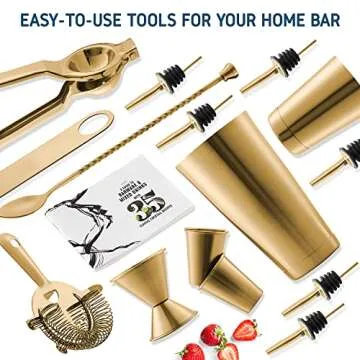 Bar Set Cocktail Shaker Set, Stainless Steel Mixology Bartender Kit, 16 Piece Cocktail Kit, Gold Cocktail Set, Bar Tools: 30oz Martini Shaker, Muddler, Bar Kit Cocktail Book, Jigger and Pourers