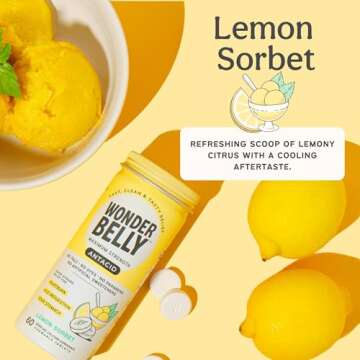 Wonderbelly Antacid, Effective Heartburn and Instant Acid Indigestion Relief, Extra Strength Chewable Tablets, 1000 mg Calcium Carbonate, No Talc or Dye, Lemon Sorbet, 60 Count