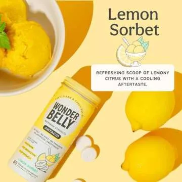 Wonderbelly Antacid, Effective Heartburn and Instant Acid Indigestion Relief, Extra Strength Chewable Tablets, 1000 mg Calcium Carbonate, No Talc or Dye, Lemon Sorbet, 60 Count