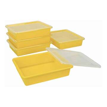 Storex Letter Size Flat Storage Tray – Organizer Bin with Non-Snap Lid for Classroom, Office and Home, Yellow, 5-Pack (62538U05C)