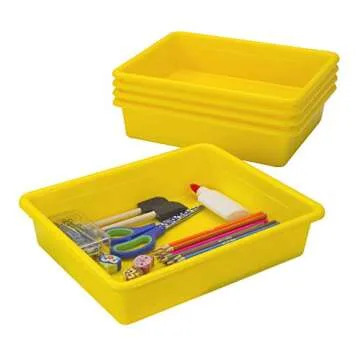 Storex Letter Size Flat Storage Tray – Organizer Bin with Non-Snap Lid for Classroom, Office and Home, Yellow, 5-Pack (62538U05C)