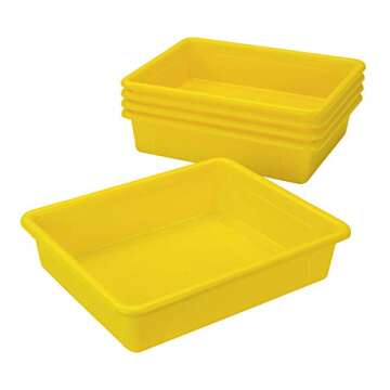 Storex Letter Size Flat Storage Tray – Organizer Bin with Non-Snap Lid for Classroom, Office and Home, Yellow, 5-Pack (62538U05C)
