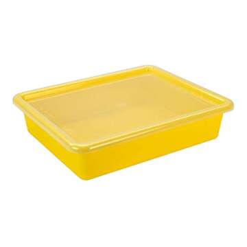 Storex Letter Size Flat Storage Tray – Organizer Bin with Non-Snap Lid for Classroom, Office and Home, Yellow, 5-Pack (62538U05C)