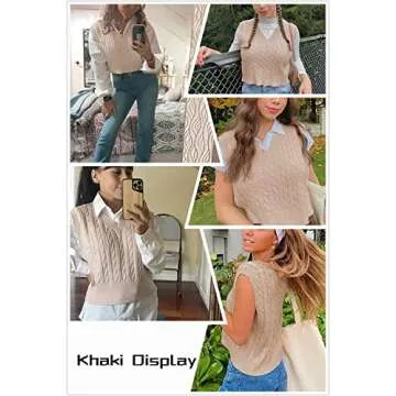Lailezou Women's V-Neck Knit Sweater Vest Solid Color Argyle Plaid Preppy Style Sleeveless Crop Knit Vest