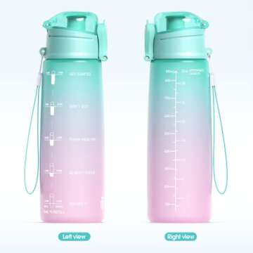 Y&3 32oz Motivational Fitness Sports Water Bottle With Time Marker, BPA Free Tritan Plastic, Leakproof Flip Top, For Gym, Outdoor, Office Work (Green/Pink Gradient, 32oz)