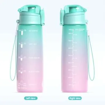 Y&3 32oz Motivational Fitness Sports Water Bottle With Time Marker, BPA Free Tritan Plastic, Leakproof Flip Top, For Gym, Outdoor, Office Work (Green/Pink Gradient, 32oz)