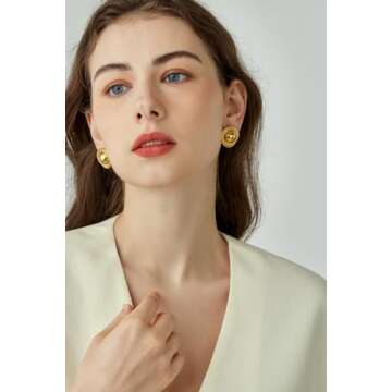 Large Chunky Gold Earrings for Women, Round Rope Disc Stud Earrings, Statement Vintage Earrings, Trendy, Lightweight and Hypoallergenic (Gold)