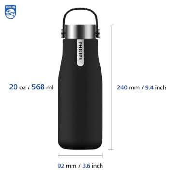 PHILIPS Water GoZero UV Self-Cleaning Smart Water Bottle Vacuum Stainless Steel Insulated Water Bottle with Handle Double-wall, Auto Cleaning, Keep Drink Hot or Cold, BPA Free, Black, 20oz