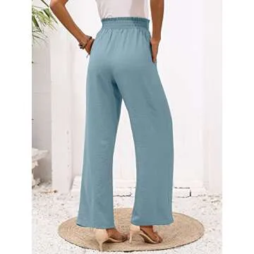 Heymoments Women's Wide Leg Lounge Pants with Pockets Blue Gray X-Large Lightweight High Waisted Adjustable Tie Knot Loose Comfy Casual Trousers