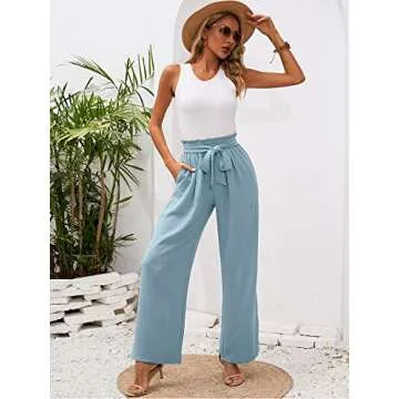 Heymoments Women's Wide Leg Lounge Pants with Pockets Blue Gray X-Large Lightweight High Waisted Adjustable Tie Knot Loose Comfy Casual Trousers