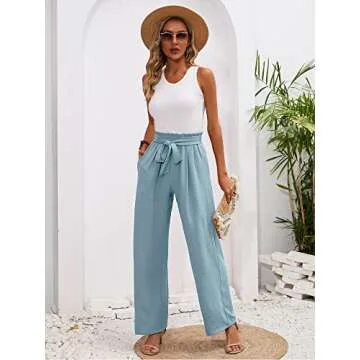 Heymoments Women's Wide Leg Lounge Pants with Pockets Blue Gray X-Large Lightweight High Waisted Adjustable Tie Knot Loose Comfy Casual Trousers