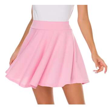 Afibi Casual Mini Stretch Waist Flared Plain Pleated Skater Skirt (Medium, Pink)