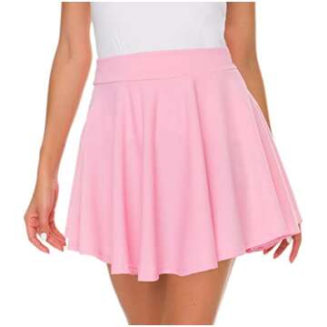 Afibi Casual Mini Stretch Waist Flared Plain Pleated Skater Skirt (Medium, Pink)
