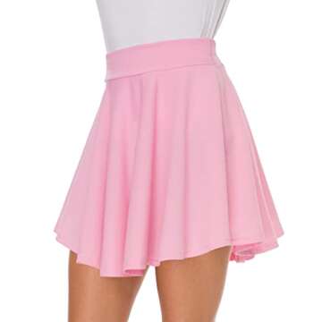 Afibi Casual Mini Stretch Waist Flared Plain Pleated Skater Skirt (Medium, Pink)