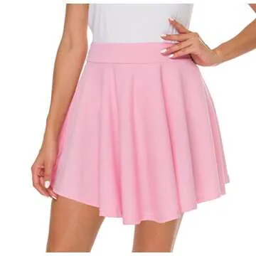 Afibi Casual Mini Stretch Waist Flared Plain Pleated Skater Skirt (Medium, Pink)