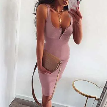 Cotton Scoop Neck Knee Length Bodycon Tight Maternity Summer Sundress Pencil Casual Sun Midi Tank Dress (ButtonPink, L)