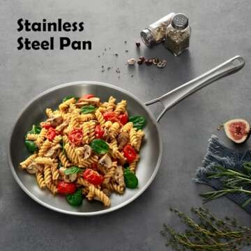 VocVoi 12 inch Tri-Ply Stainless Steel Pan,PFOA&PTFE Free Skillets,Chef's Pans,Dishwasher and Oven Safe Cookware, Works on Induction,Ceramic and Gas Cooktops
