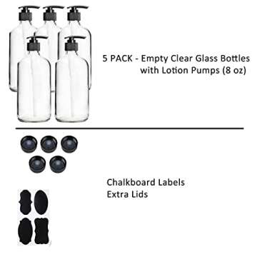 Youngever 5 Pack Empty Clear Glass Pump Bottles, 8 Ounce Lotion Pump Bottles, Soap Dispenser, Refillable Containers, Durable Black Pumps