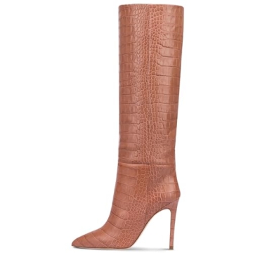 VogueVent Women's Crocodile Pattern Pointed Toe Knee High Boots 3.94 Inch Stiletto Heel for Fall Win...