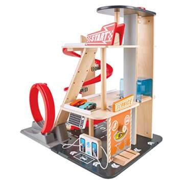Hape Gearhead Stunt Garage Kids Wooden Toy Car Parking Garage Playset w/Elevator and 2 Exit Tracks, ...