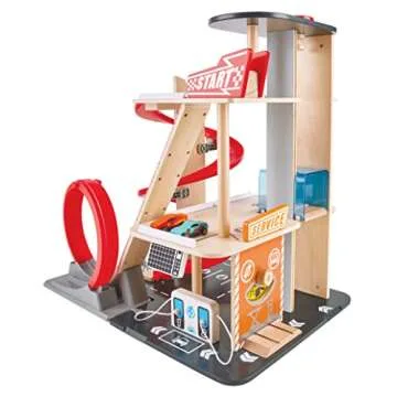 Hape Gearhead Stunt Garage Kids Wooden Toy Car Parking Garage Playset w/Elevator and 2 Exit Tracks, ...
