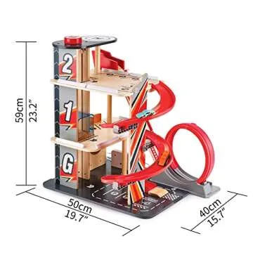 Hape Gearhead Stunt Garage Kids Wooden Toy Car Parking Garage Playset w/Elevator and 2 Exit Tracks, Detachable Loop, Includes 2 Wooden Toy Racecars