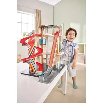 Hape Gearhead Stunt Garage Kids Wooden Toy Car Parking Garage Playset w/Elevator and 2 Exit Tracks, Detachable Loop, Includes 2 Wooden Toy Racecars