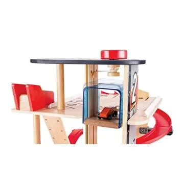Hape Gearhead Stunt Garage Kids Wooden Toy Car Parking Garage Playset w/Elevator and 2 Exit Tracks, Detachable Loop, Includes 2 Wooden Toy Racecars