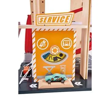 Hape Gearhead Stunt Garage Kids Wooden Toy Car Parking Garage Playset w/Elevator and 2 Exit Tracks, Detachable Loop, Includes 2 Wooden Toy Racecars