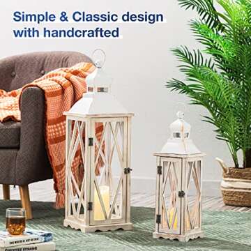 Glitzhome Farmhouse Wood Metal Lanterns Decorative Hanging Candle Lanterns White Set of 2 (No Glass)