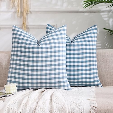 CARRIE HOME Light Blue Farmhouse Buffalo Plaid Pillow Covers Set of 2 - 18x18 Outdoor Decor