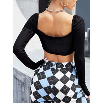 MakeMeChic Women's Corset Top Long Sleeve Square Neck Crop Top Tee Shirts Black S