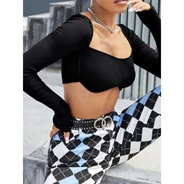 MakeMeChic Women's Corset Top Long Sleeve Square Neck Crop Top Tee Shirts Black S