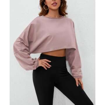 MISSACTIVER Women’s Vintage Oversized Long Sleeve Crop T-Shirt Loose Fit Drop Shoulder Crew Neck Cropped Tee Tops Pullover Dark Pink