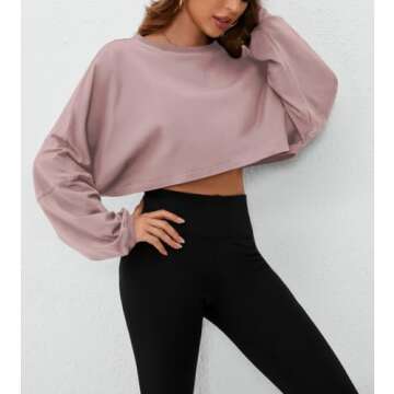 MISSACTIVER Women’s Vintage Oversized Long Sleeve Crop T-Shirt Loose Fit Drop Shoulder Crew Neck Cropped Tee Tops Pullover Dark Pink