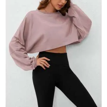 MISSACTIVER Women’s Vintage Oversized Long Sleeve Crop T-Shirt Loose Fit Drop Shoulder Crew Neck Cropped Tee Tops Pullover Dark Pink