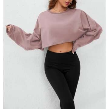 MISSACTIVER Women’s Vintage Oversized Long Sleeve Crop T-Shirt Loose Fit Drop Shoulder Crew Neck Cropped Tee Tops Pullover Dark Pink