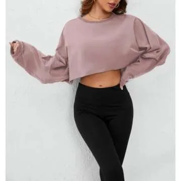 MISSACTIVER Women’s Vintage Oversized Long Sleeve Crop T-Shirt Loose Fit Drop Shoulder Crew Neck Cropped Tee Tops Pullover Dark Pink