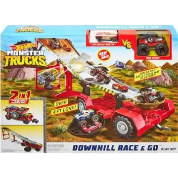 Hot Wheels Monster Trucks Playset, Toy Truck & Car, Down Hill Race & Go with 1:64 Scale Bone Shaker & 1:64 Scale Vehicle (Amazon Exclusive)