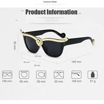 Dollger Cat Eye Sunglasses for Women Lion Head Thick Millionaire Luxury 70s Sunglasses Butterfly Shades(Black Lens)