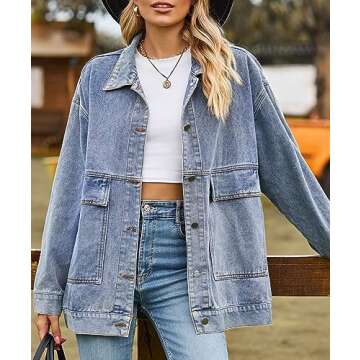 PAODIKUAI Women's Oversized Denim Jacket Casual Long Sleeve Vintage Jean Jacket Top Coat with Pocket...