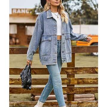 PAODIKUAI Women's Oversized Denim Jacket Casual Long Sleeve Vintage Jean Jacket Top Coat with Pockets (Blue,XL)