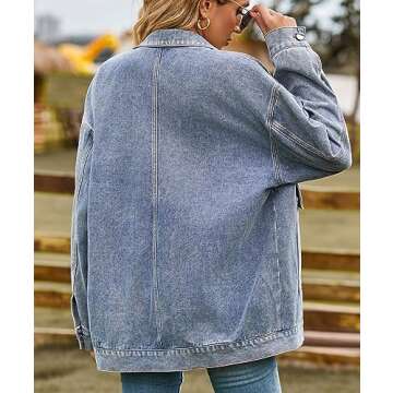 PAODIKUAI Women's Oversized Denim Jacket Casual Long Sleeve Vintage Jean Jacket Top Coat with Pockets (Blue,XL)